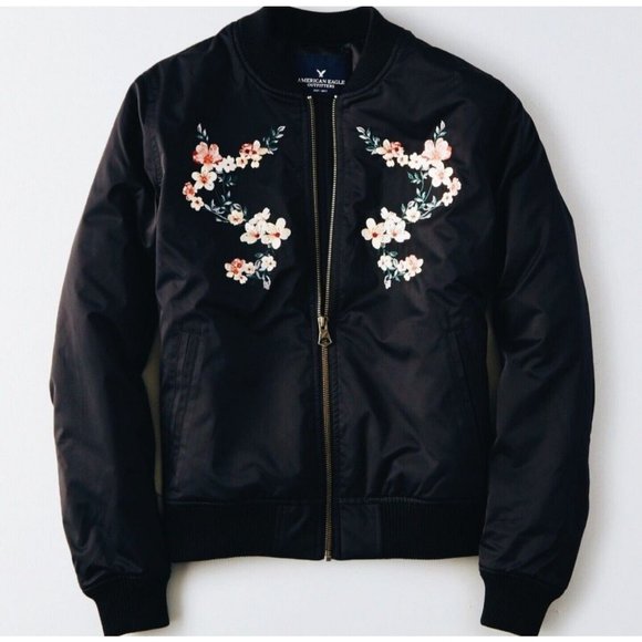 American Eagle | Black Floral Embroidered Black Bomber Jacket Satin | Size Small - Picture 1 of 6